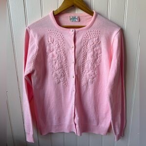 Vintage Floral Embroidered Pink Cardigan Sweater